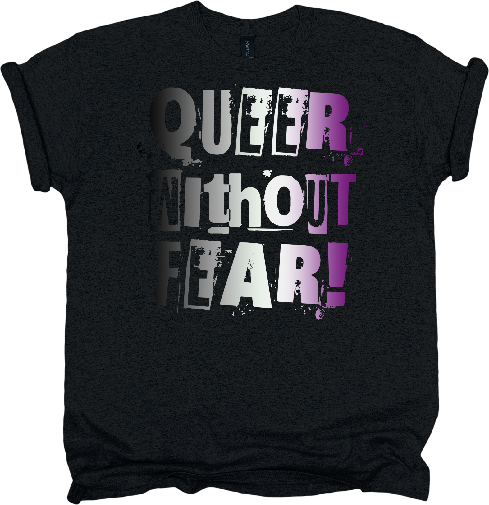 Black t-shirt with 'Queer Without Fear' text in Asexual pride colours