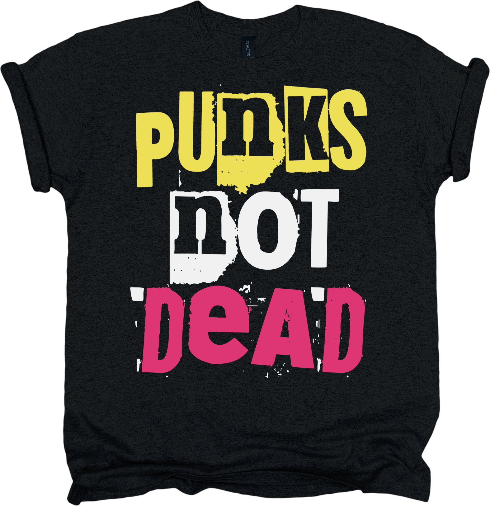 Black t-shirt with colorful text 'Punks Not Dead'.