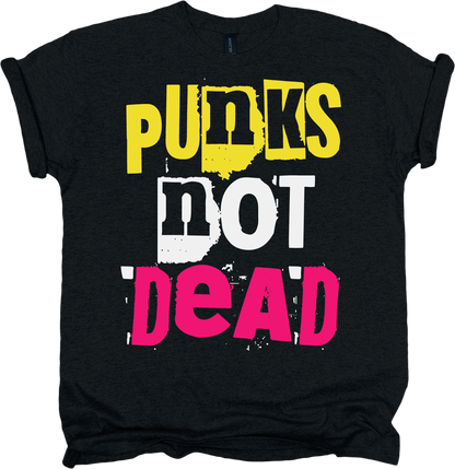 Black t-shirt with colorful text 'Punks Not Dead'.