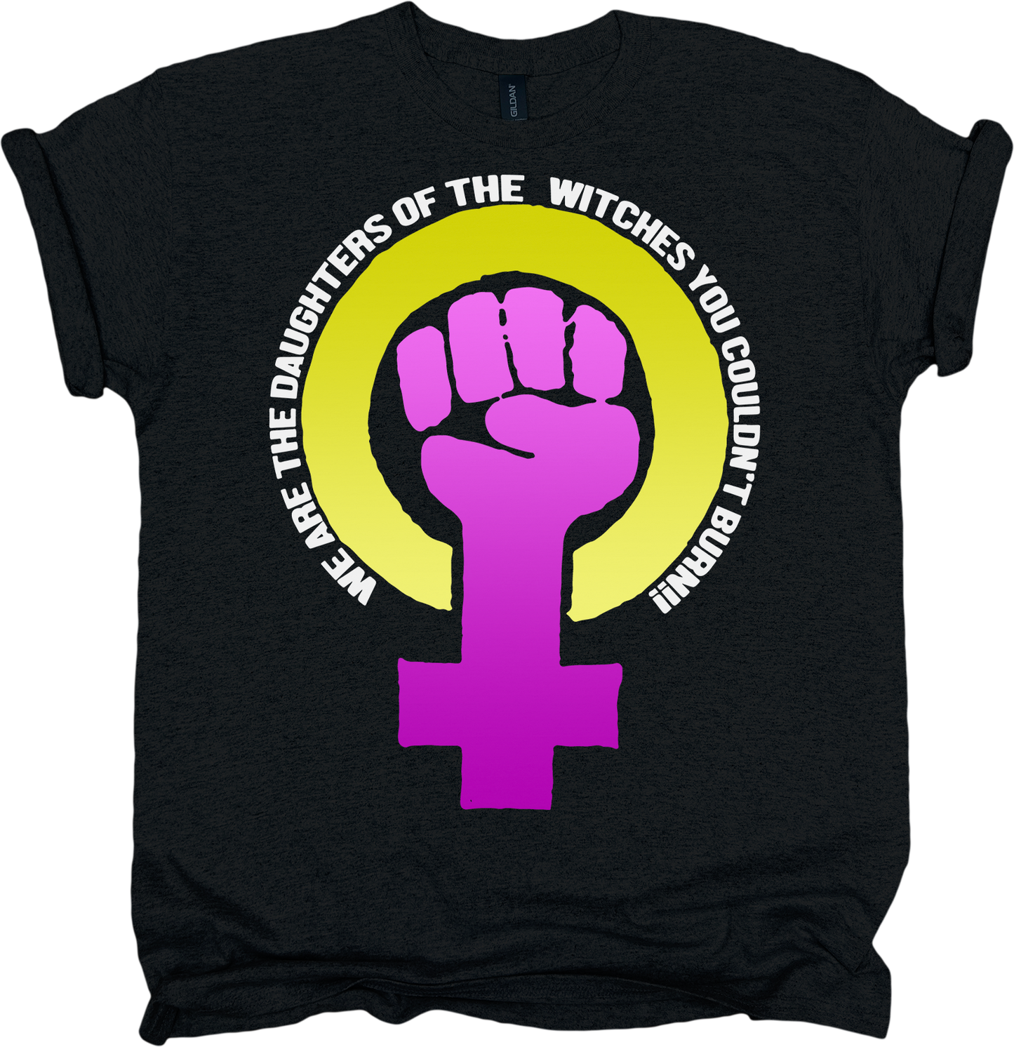Black t-shirt with a purple and yellow feminist fist symbol with white text.