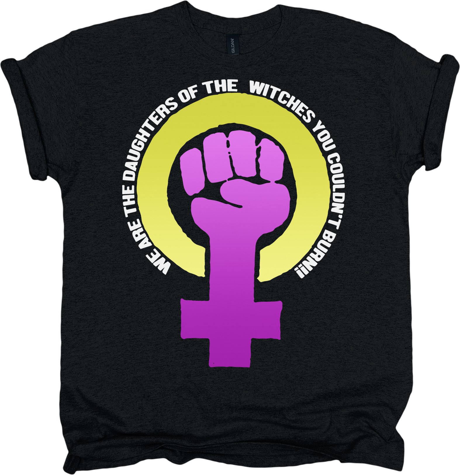 Black t-shirt with a purple and yellow feminist fist symbol with white text.