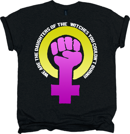 Black t-shirt with a purple and yellow feminist fist symbol with white text.