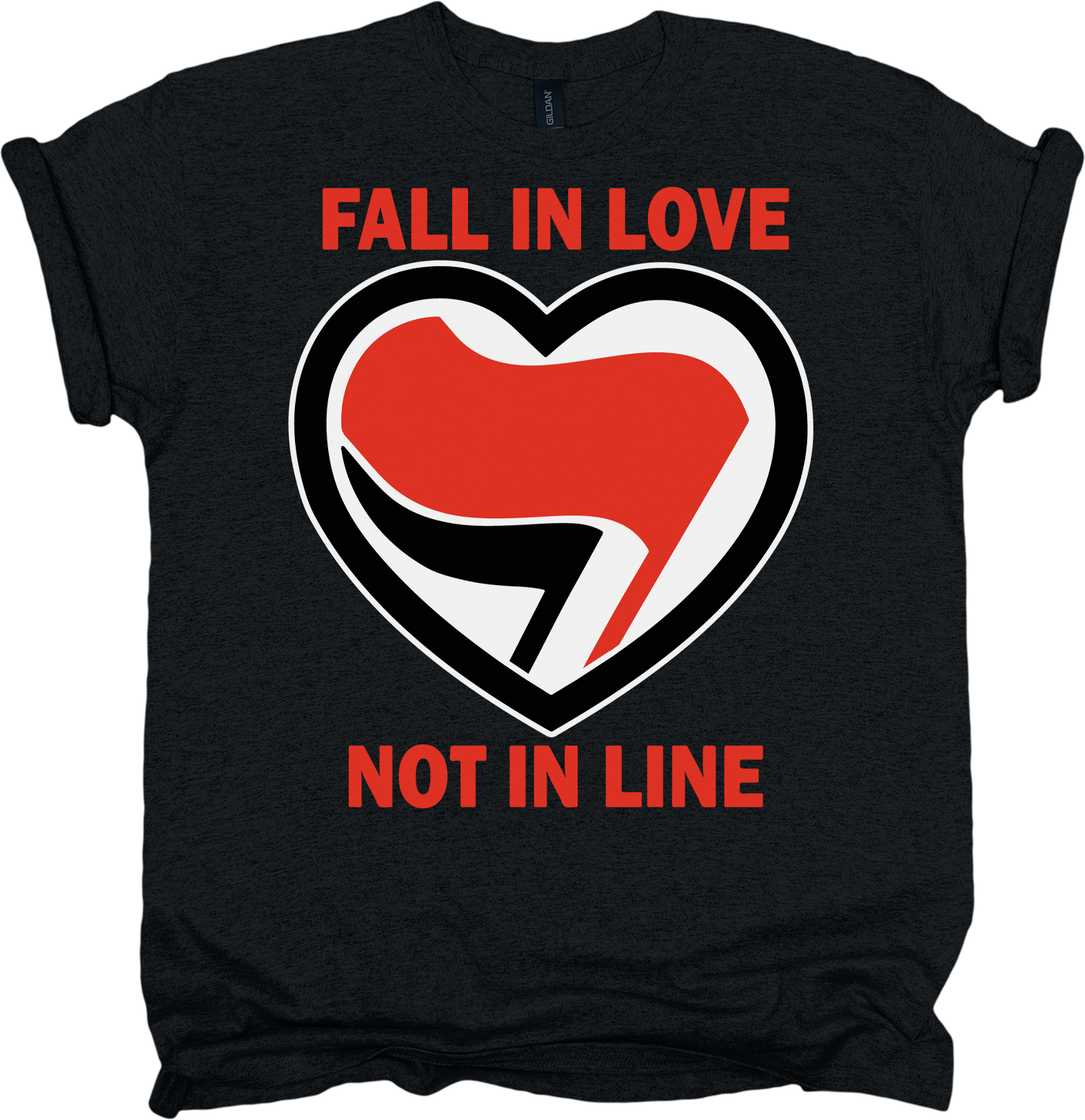 Black t-shirt with a red and white heart antifa design and red text.