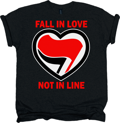 Black t-shirt with a red and white heart antifa design and red text.