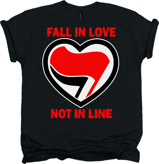 Black t-shirt with a red and white heart antifa design and red text.
