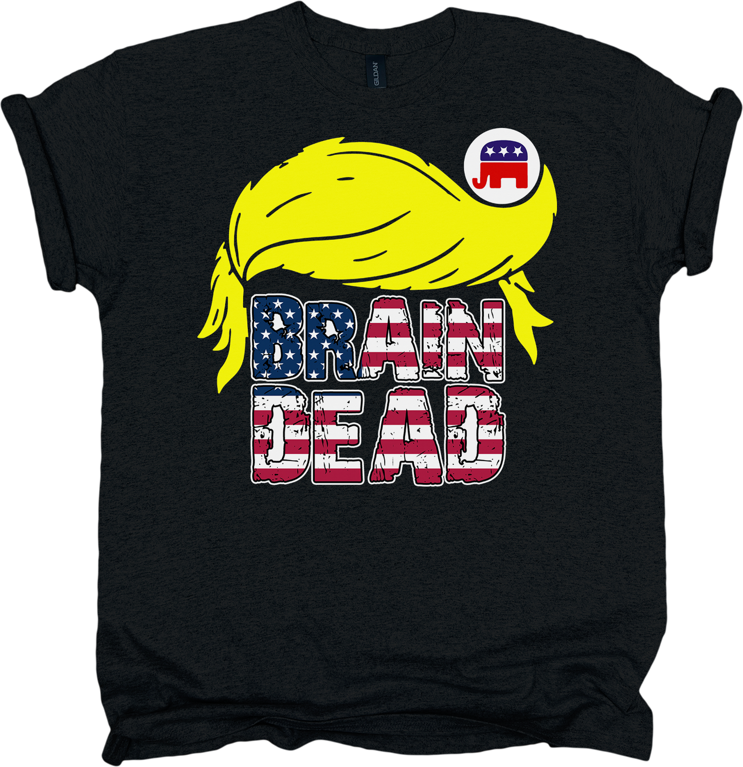 Black t-shirt with yellow hair graphic and 'Brain Dead' text in American flag style on a white background