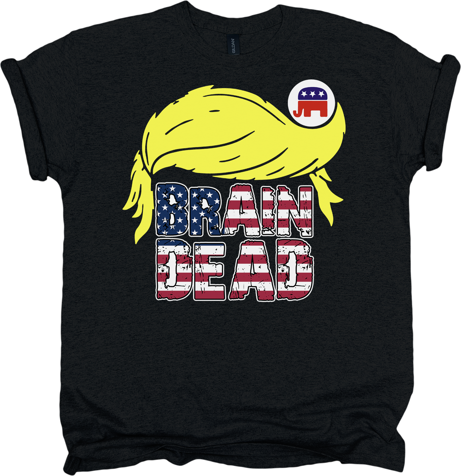 Black t-shirt with yellow hair graphic and 'Brain Dead' text in American flag style on a white background