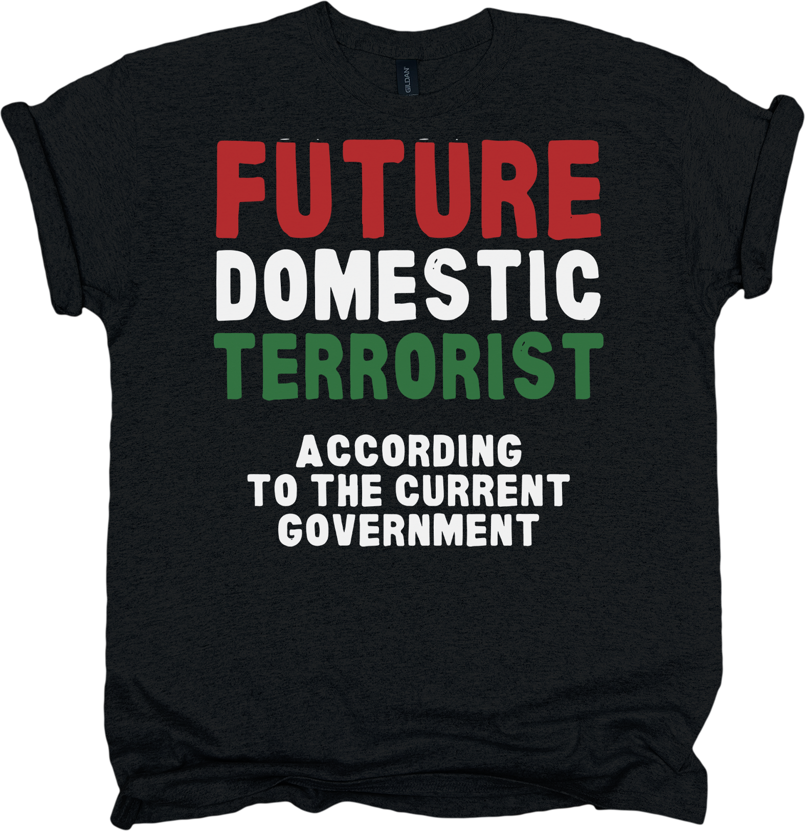 Black t-shirt with colorful text 