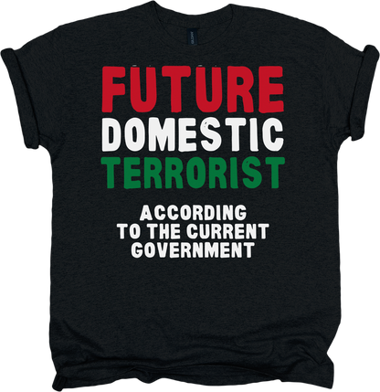 Black t-shirt with colorful text 