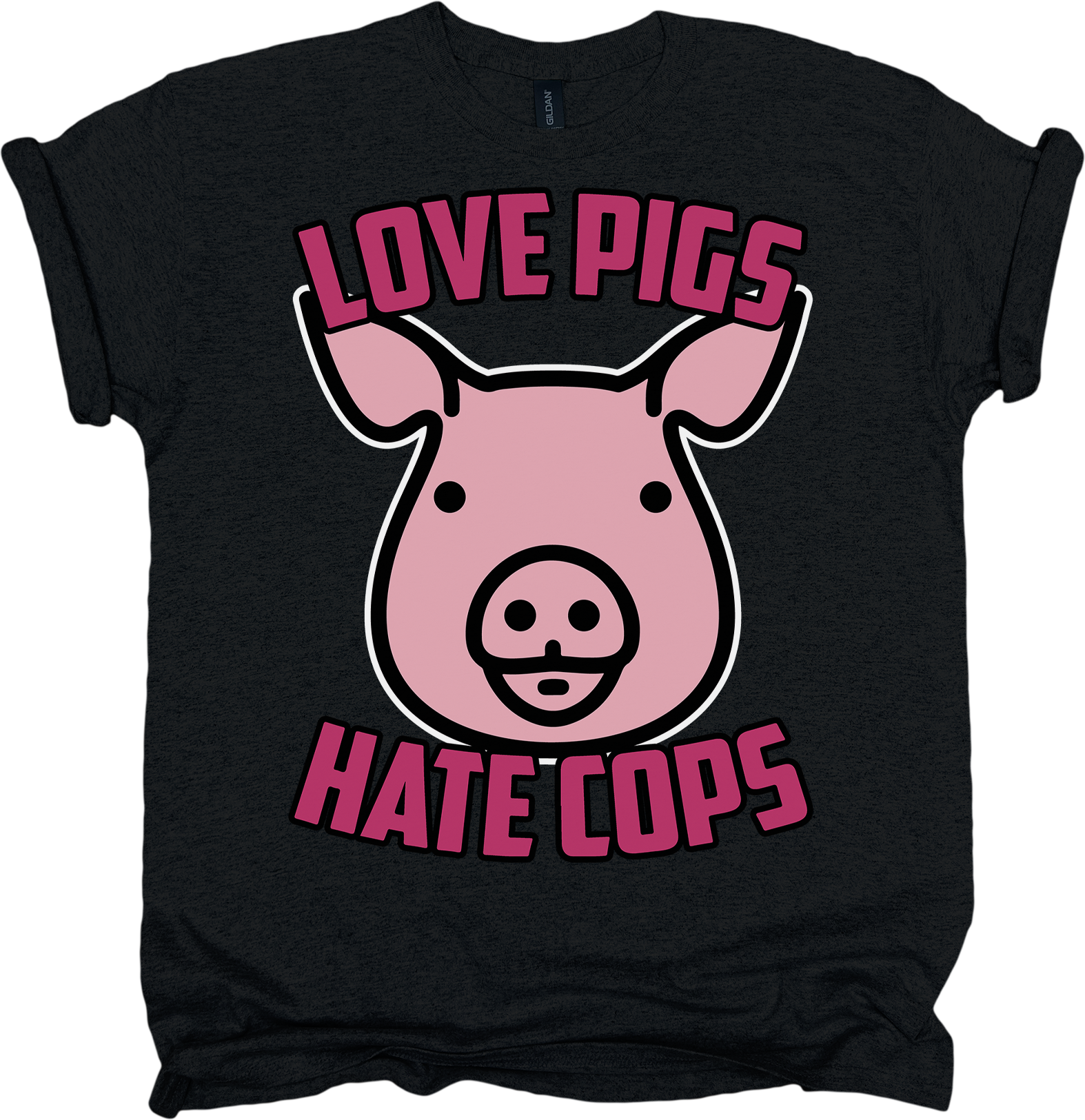 Black t-shirt with a pink pig graphic and text 'Love Pigs Hate Cops' on a white background