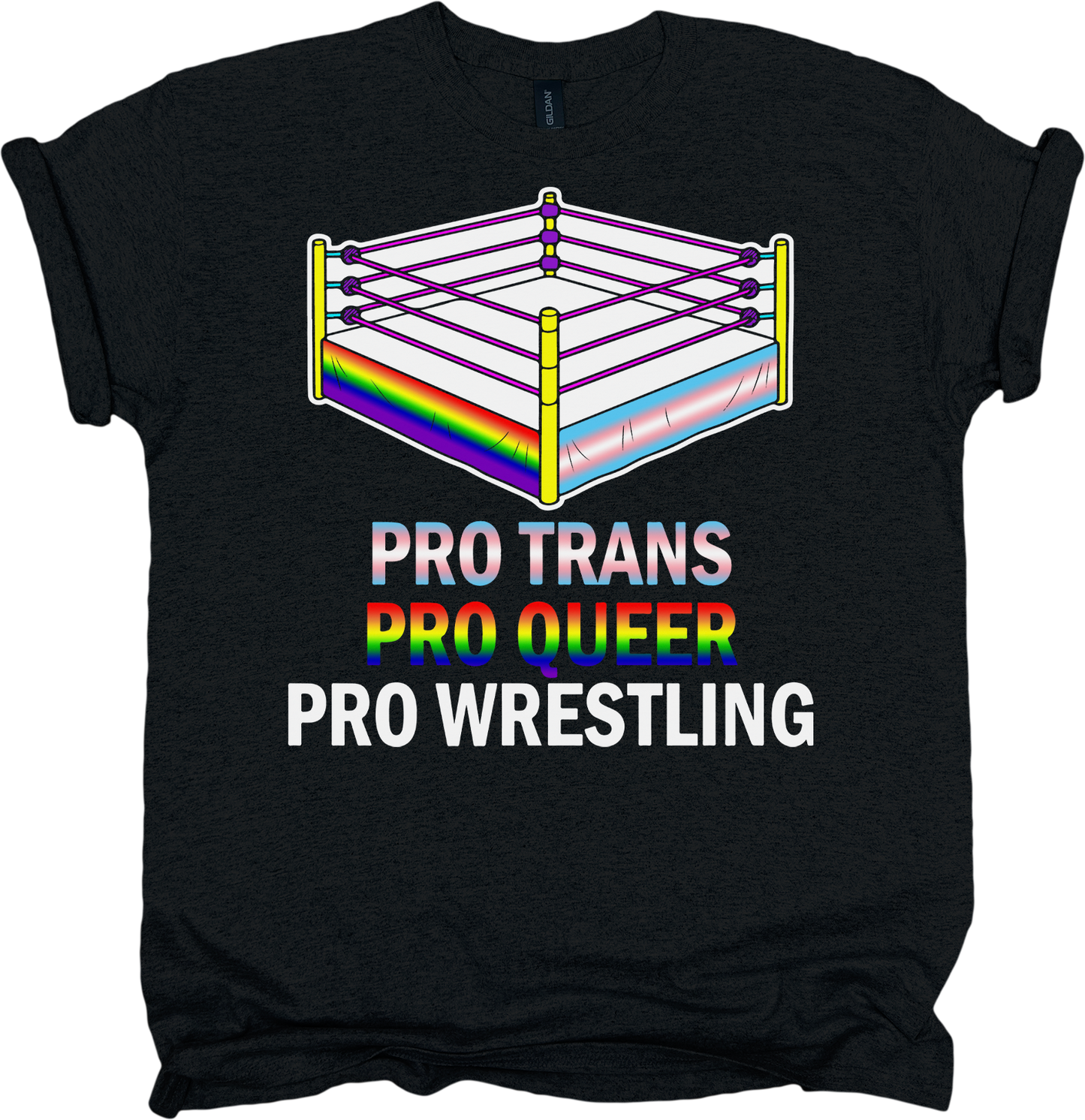 Black t-shirt with a rainbow wrestling ring graphic and text.