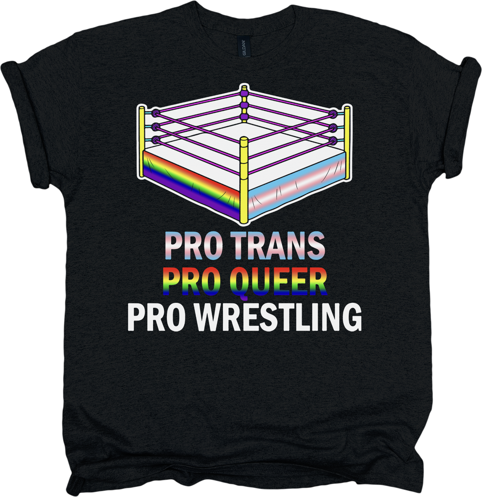 Black t-shirt with a rainbow wrestling ring graphic and text.