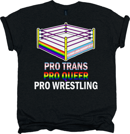 Black t-shirt with a rainbow wrestling ring graphic and text.