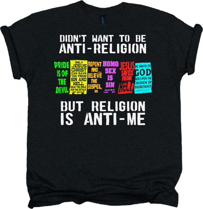 Black t-shirt with colorful signs and statements on religion