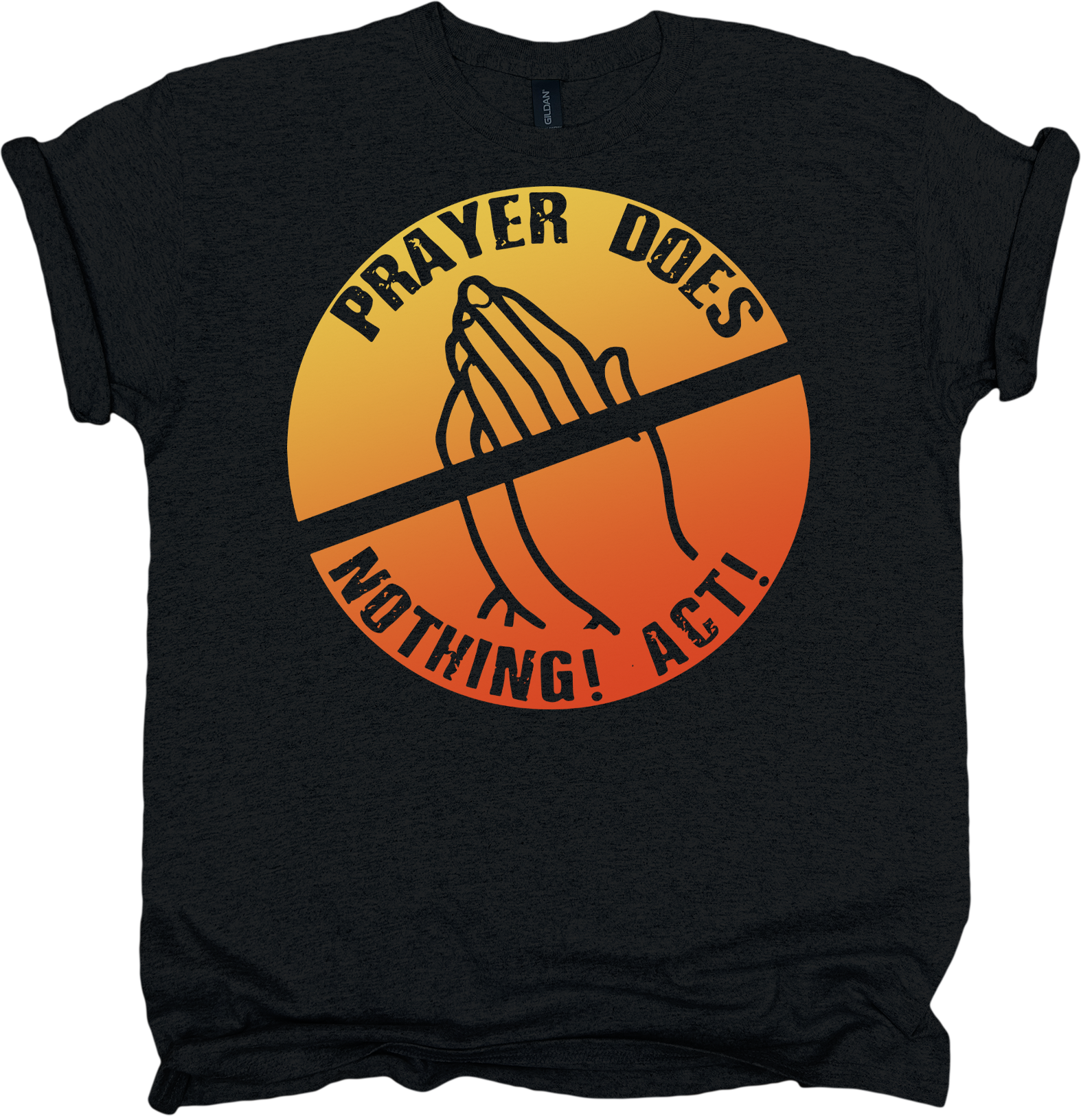 Black t-shirt with a graphic of praying hands and text on an orange circle.