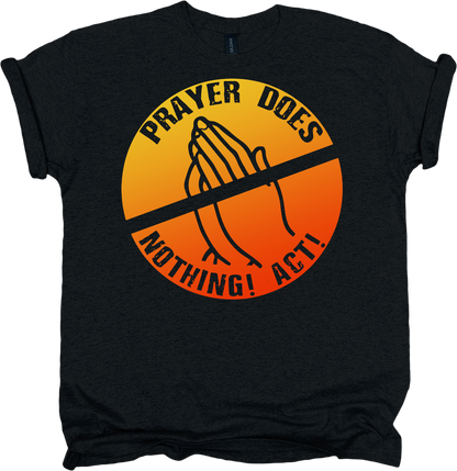 Black t-shirt with a graphic of praying hands and text on an orange circle.