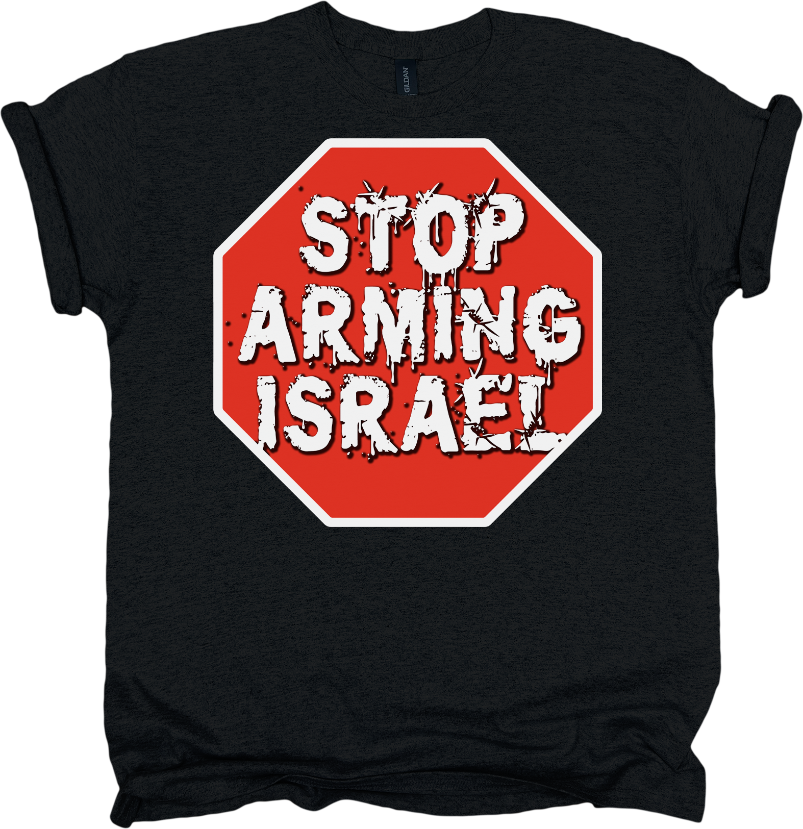 Black t-shirt with a red stop sign graphic and 'Stop Arming Israel' text on a white background