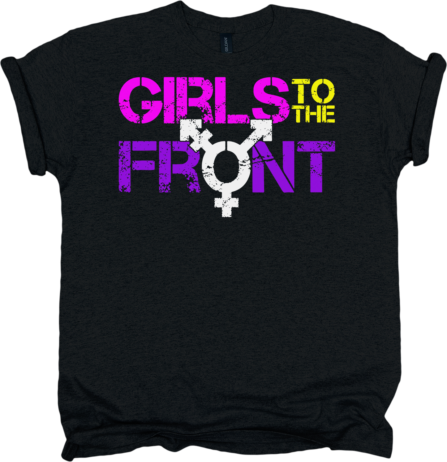 Black t-shirt with 'Girls to the Front' text and trans symbol