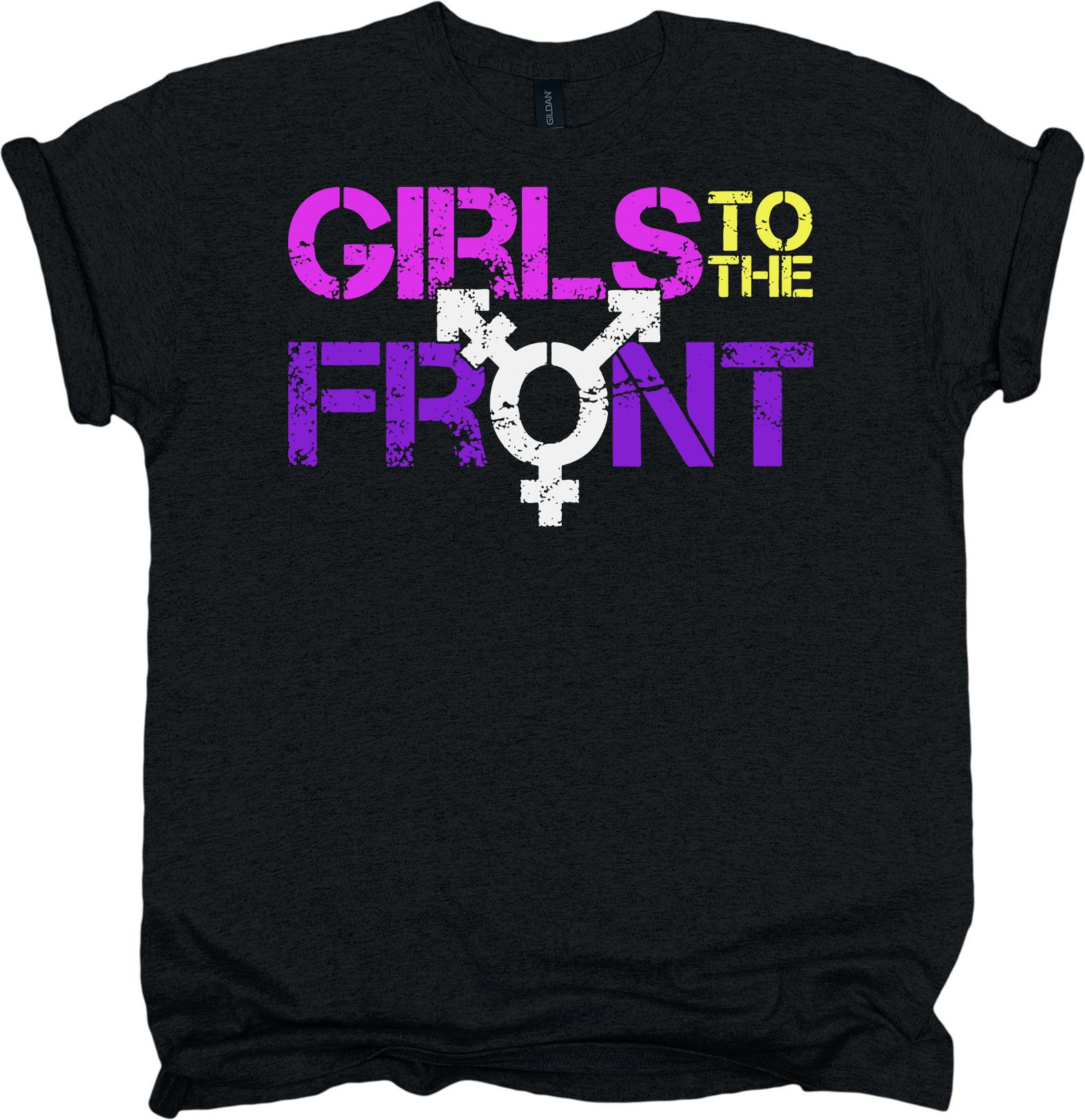Black t-shirt with 'Girls to the Front' text and trans symbol