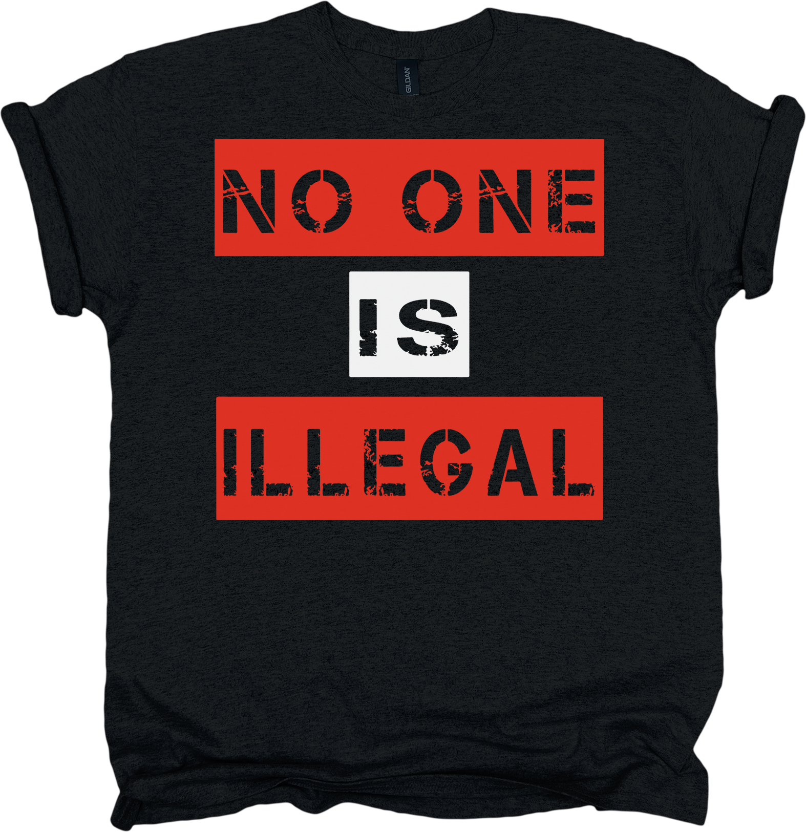 Black t-shirt with 'NO ONE IS ILLEGAL' text in red and white.