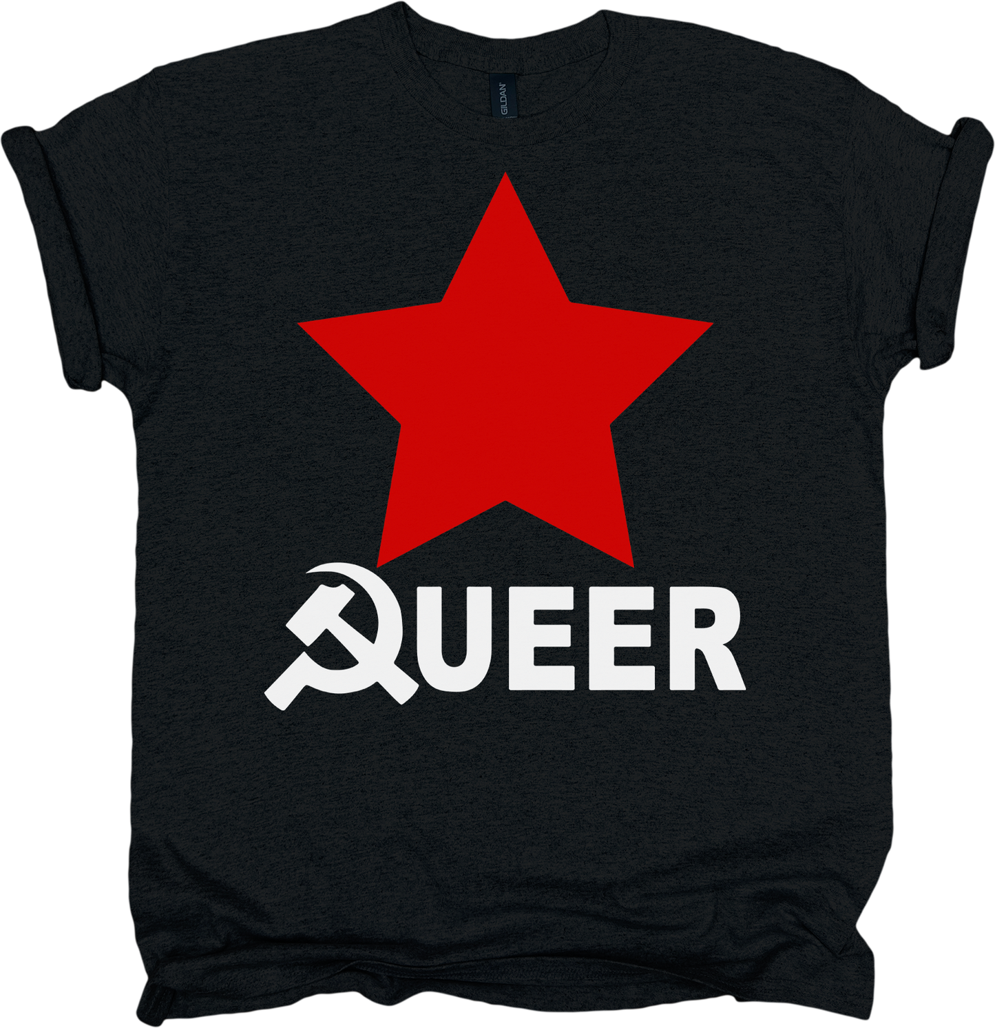 Black t-shirt with a red star and white text 'QUEER' featuring a hammer and sickle symbol.