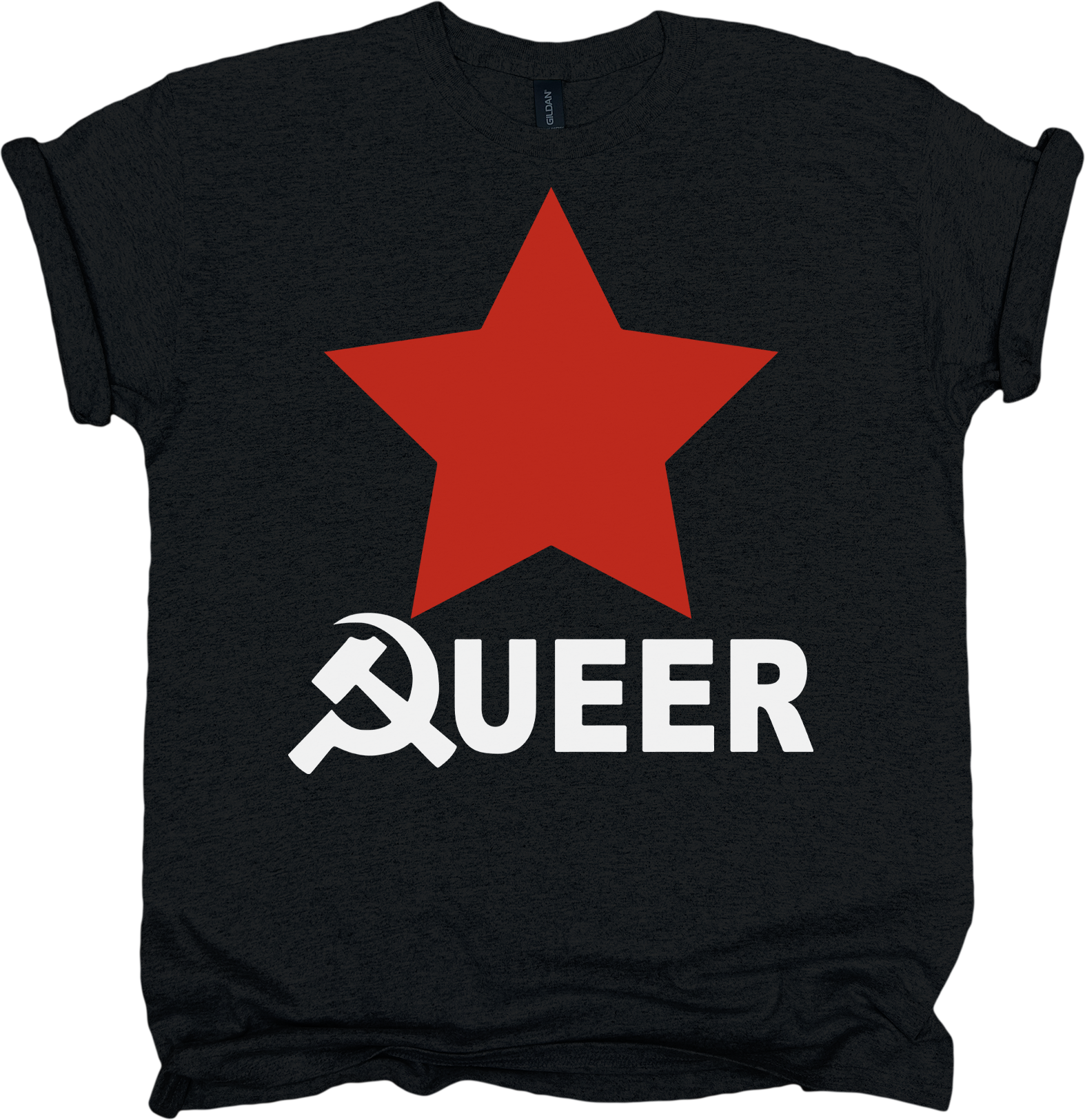 Black t-shirt with a red star and white text 'QUEER' featuring a hammer and sickle symbol.