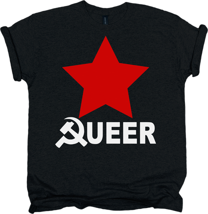 Black t-shirt with a red star and white text 'QUEER' featuring a hammer and sickle symbol.