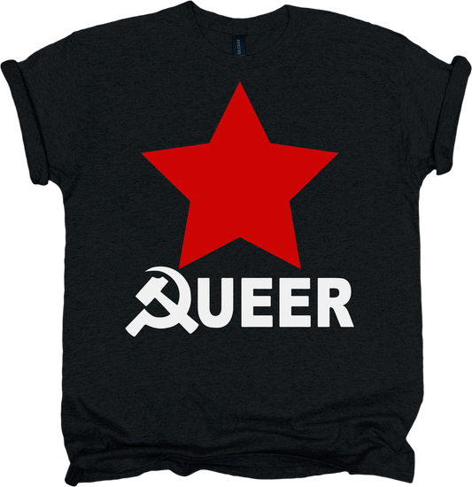Black t-shirt with a red star and white text 'QUEER' featuring a hammer and sickle symbol.