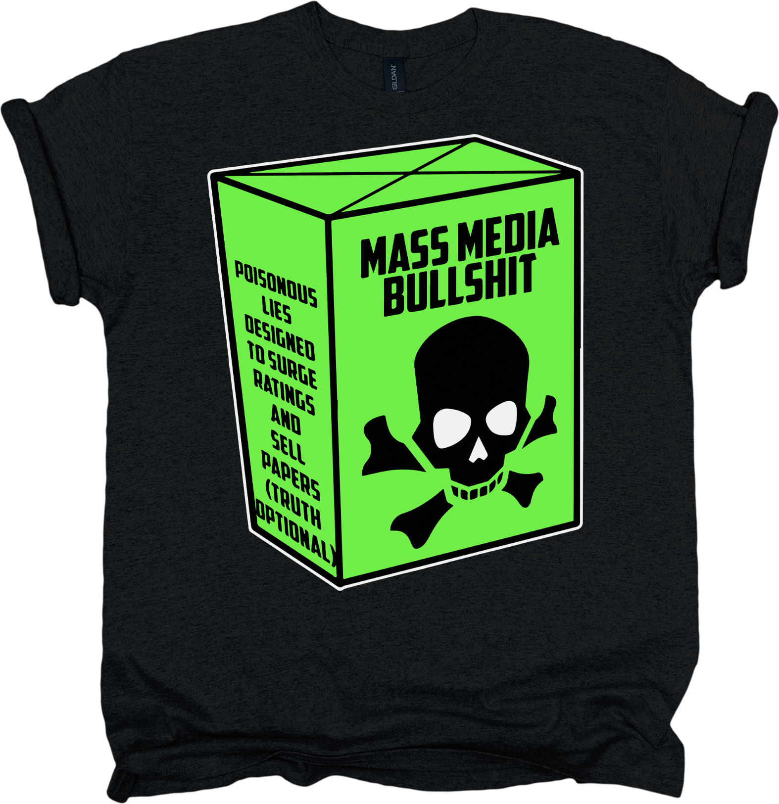 Black t-shirt with a green box graphic and skull design on a white background
