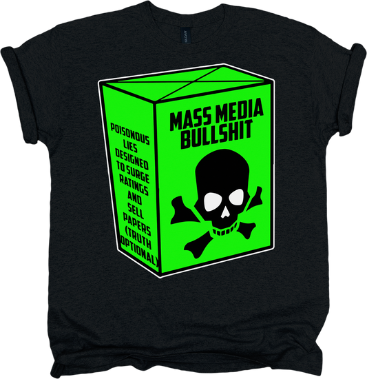 Black t-shirt with a green box graphic and skull design on a white background