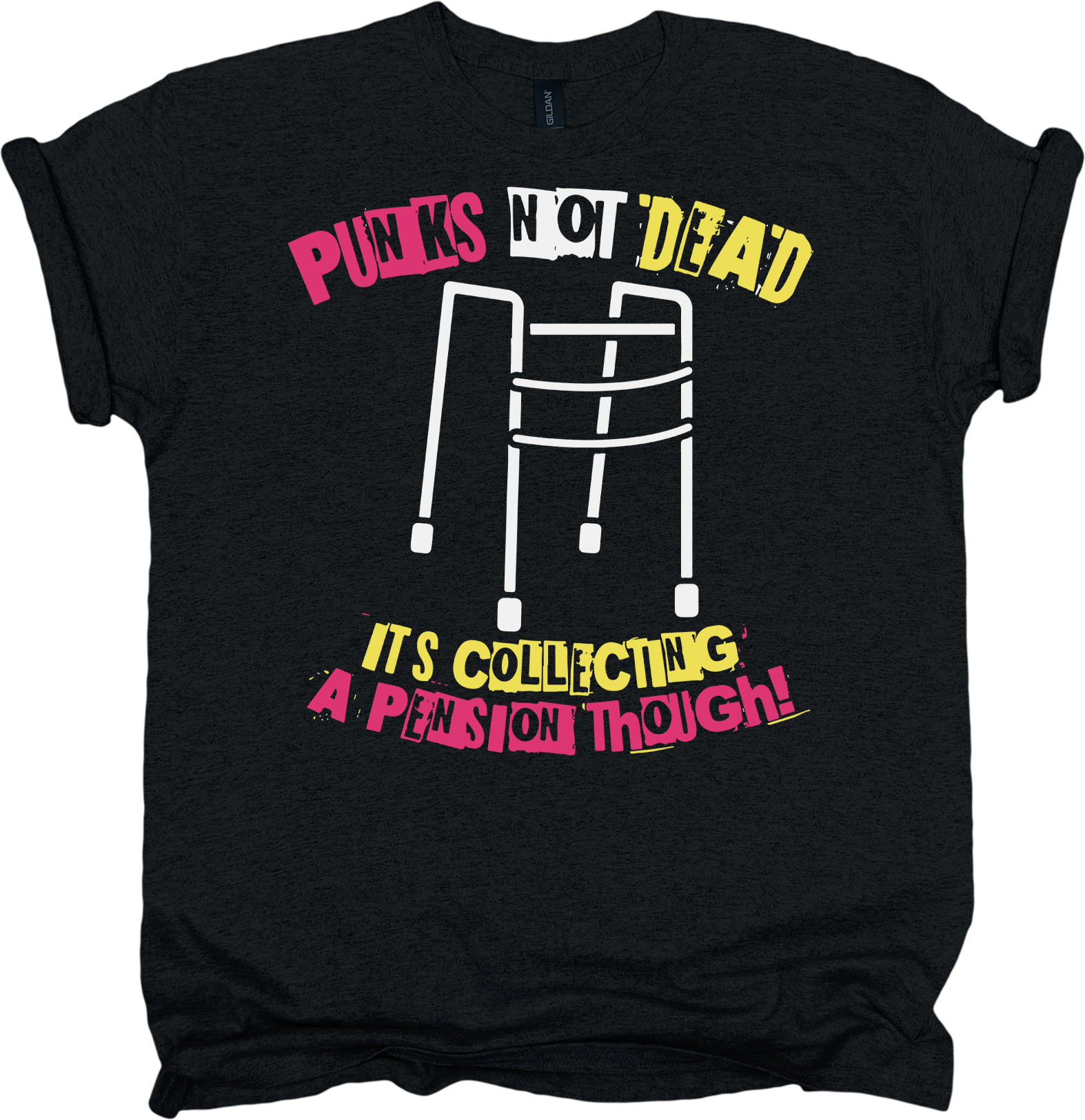 Black t-shirt with walker graphic design and pink, yellow and white text 