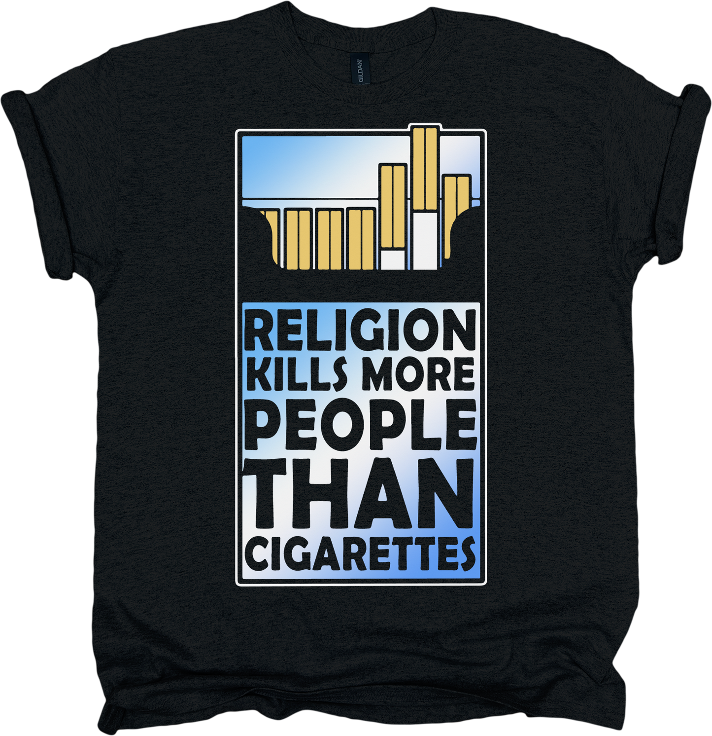 Black t-shirt with cigarette graphic design and text 