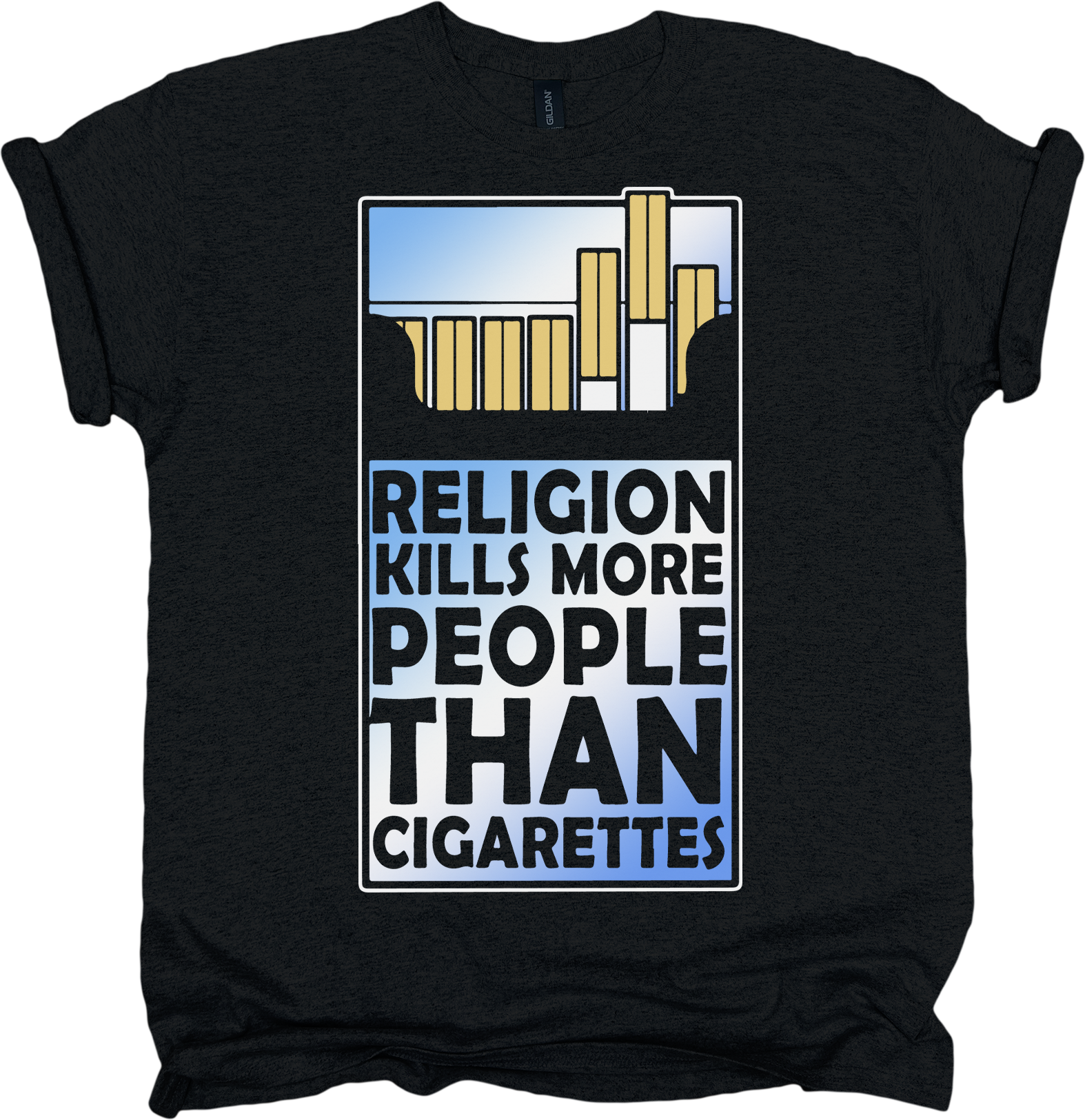 Black t-shirt with cigarette graphic design and text 