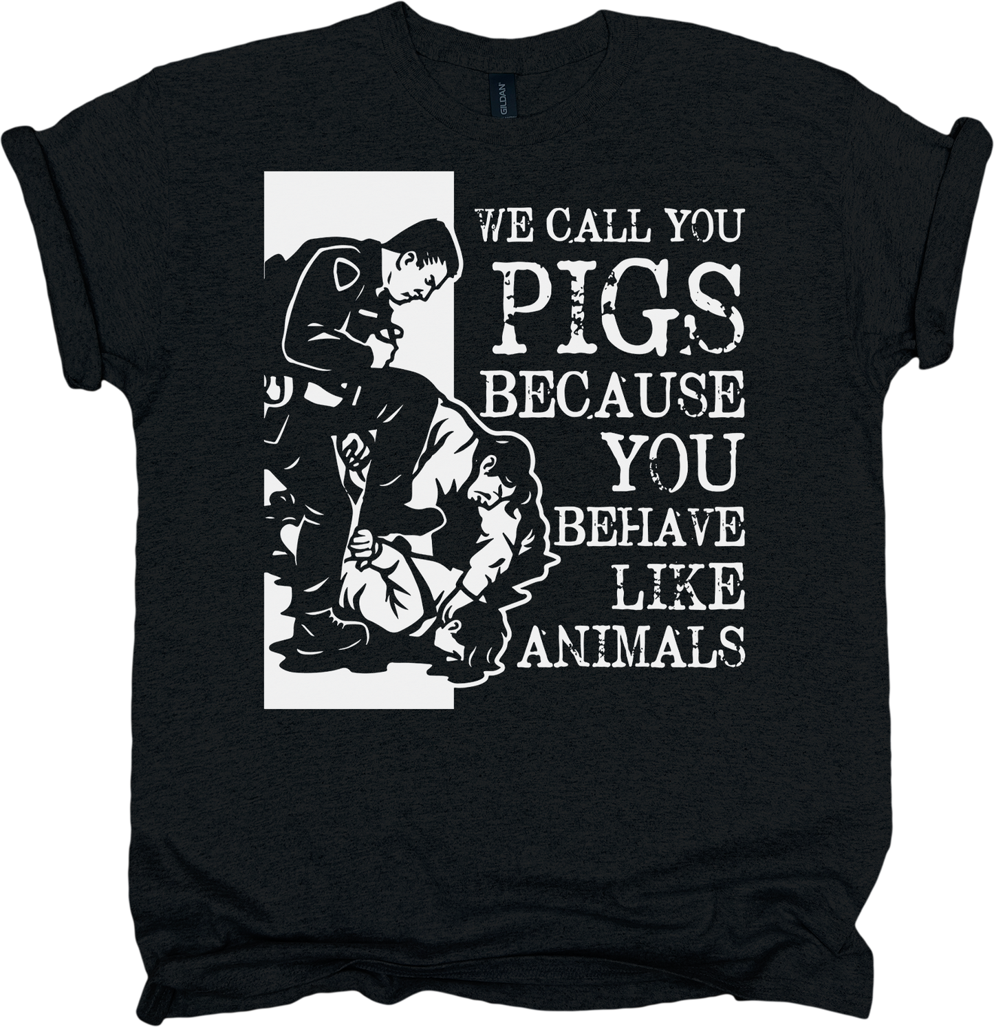Black t-shirt with graphic of police brutality design and white text 
