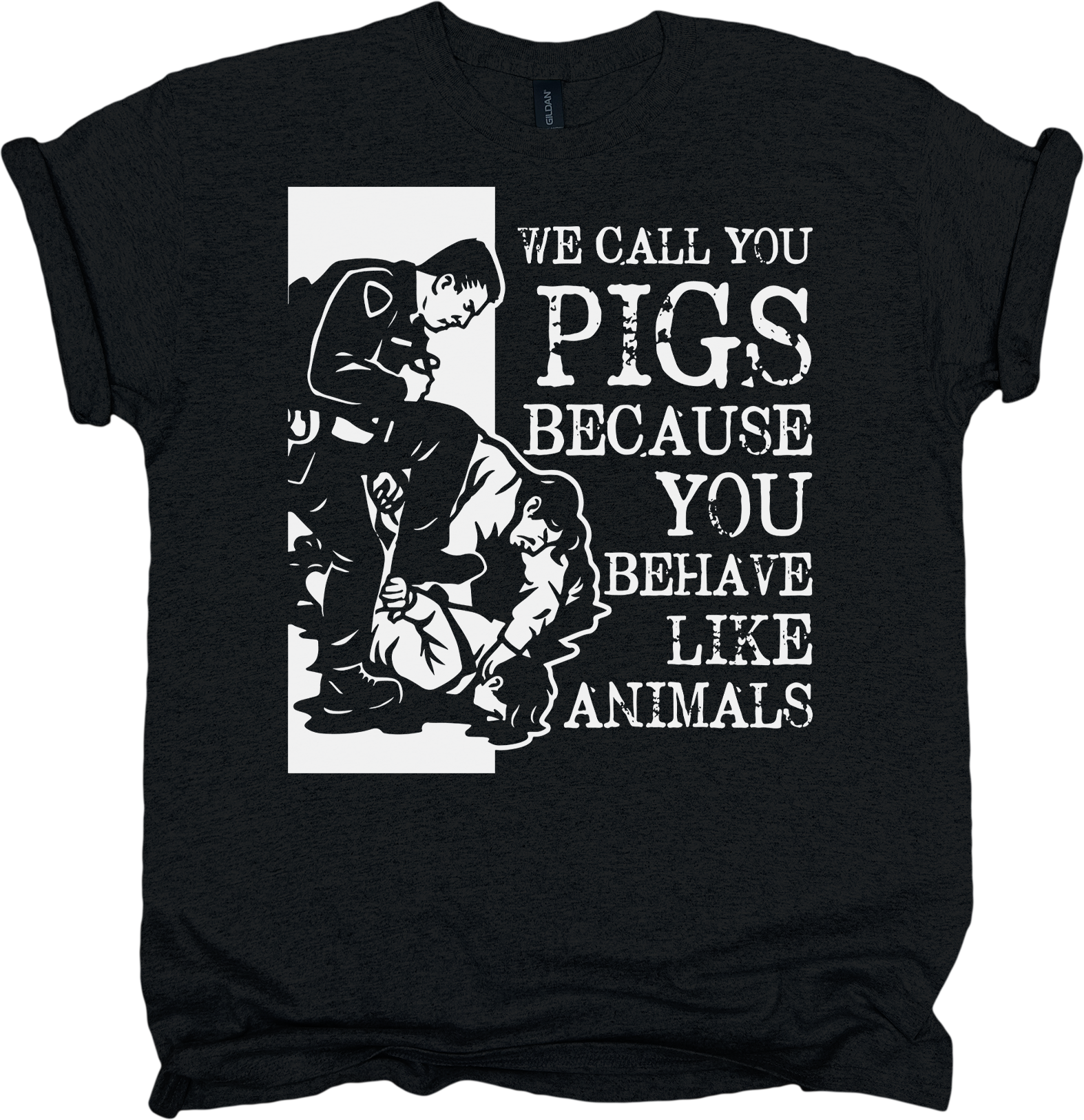 Black t-shirt with graphic of police brutality design and white text 