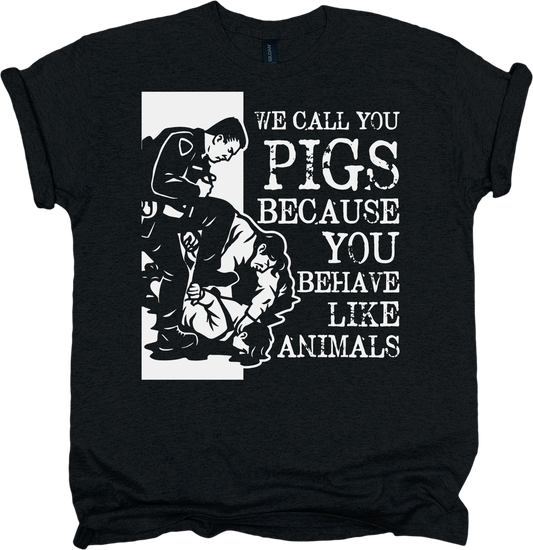 Black t-shirt with graphic of police brutality design and white text 
