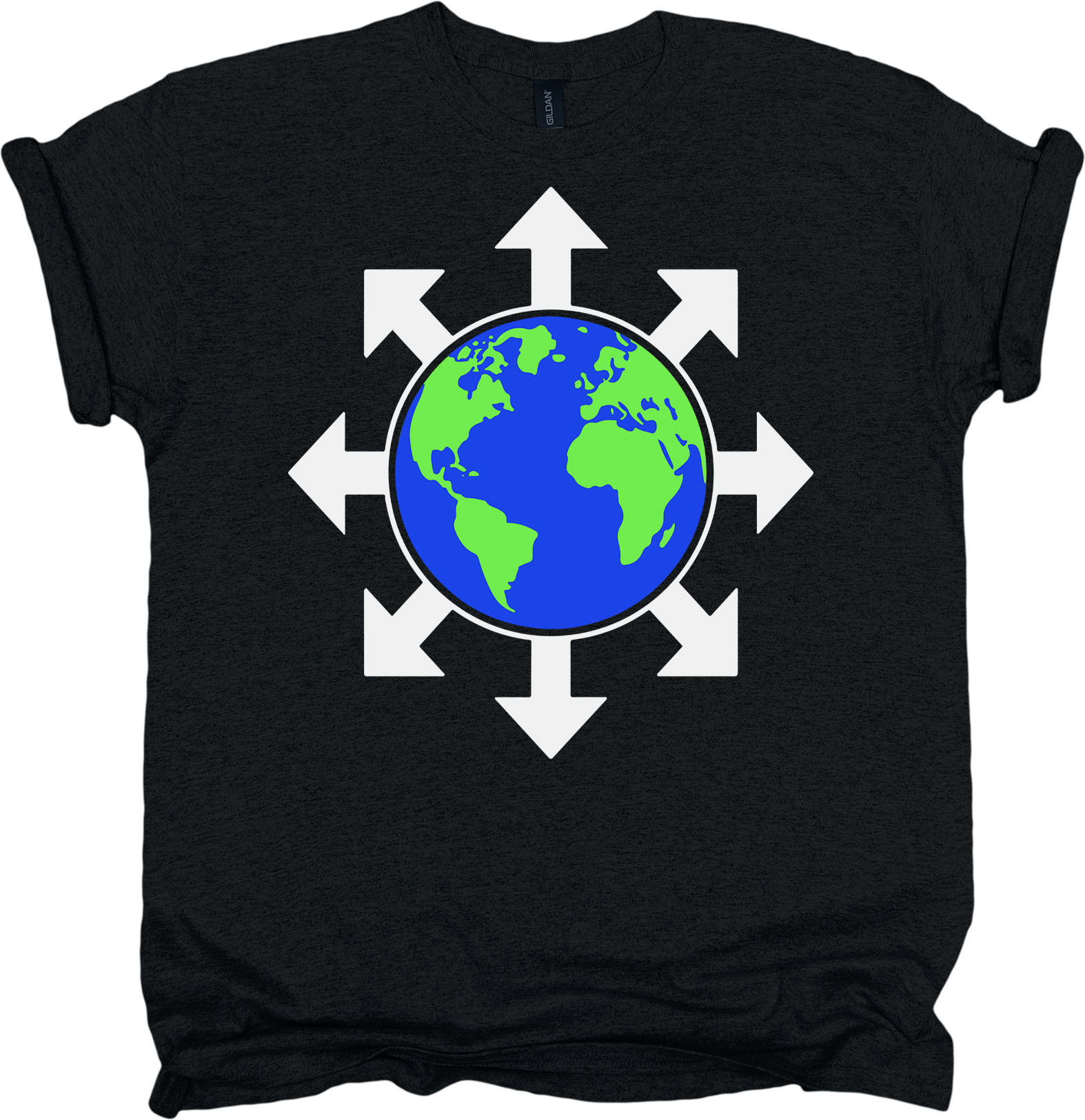 Black t-shirt with a graphic of the Earth surrounded by white arrows on a white background
