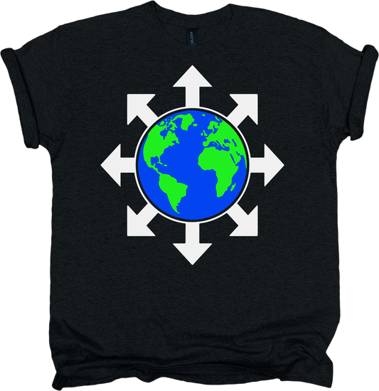 Black t-shirt with a graphic of the Earth surrounded by white arrows on a white background