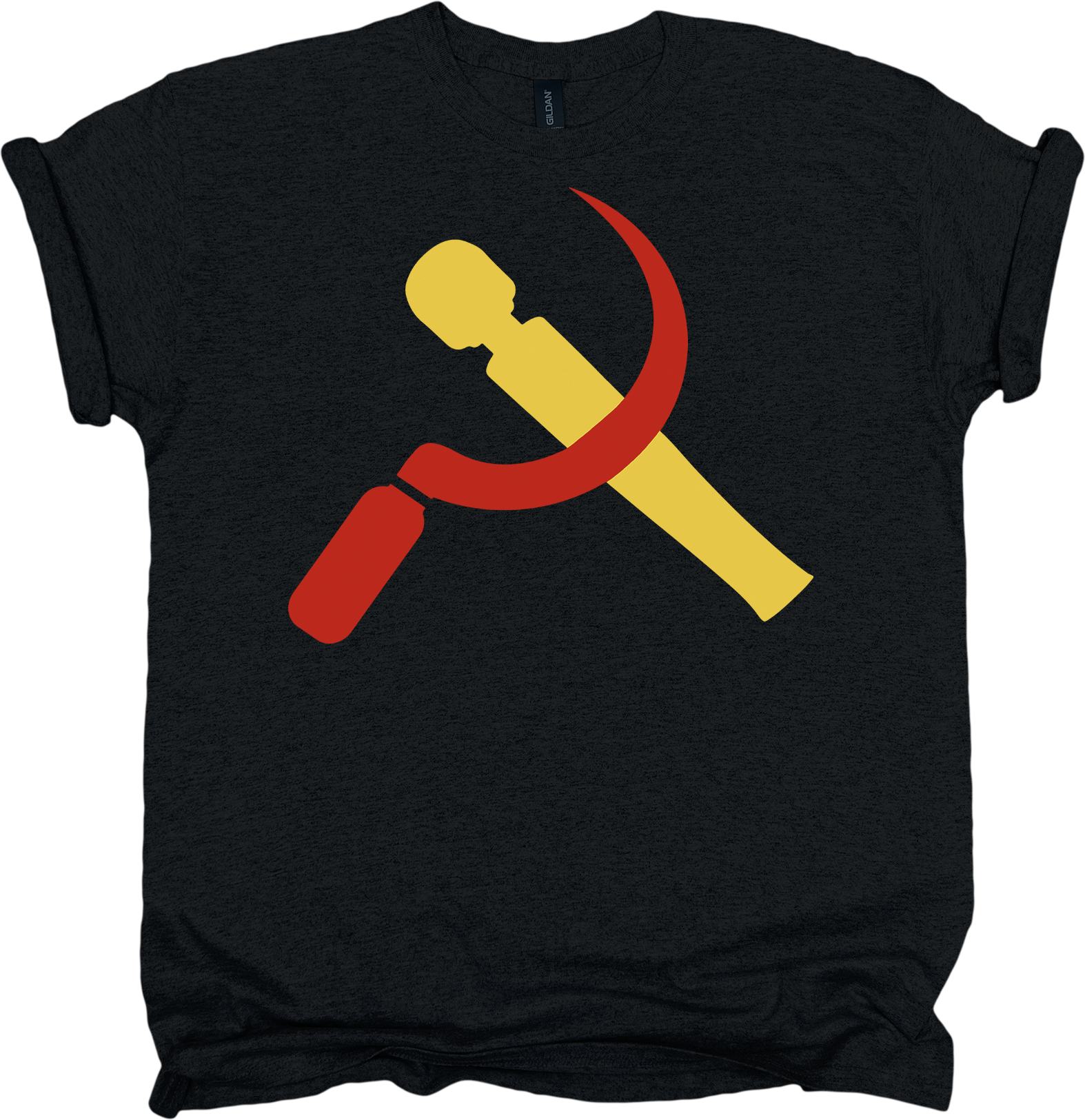 Black t-shirt with a red and yellow vibrator and sickle symbol design 