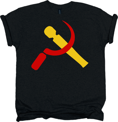Black t-shirt with a red and yellow vibrator and sickle symbol design 