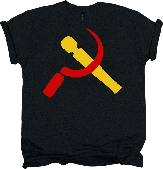 Black t-shirt with a red and yellow vibrator and sickle symbol design 