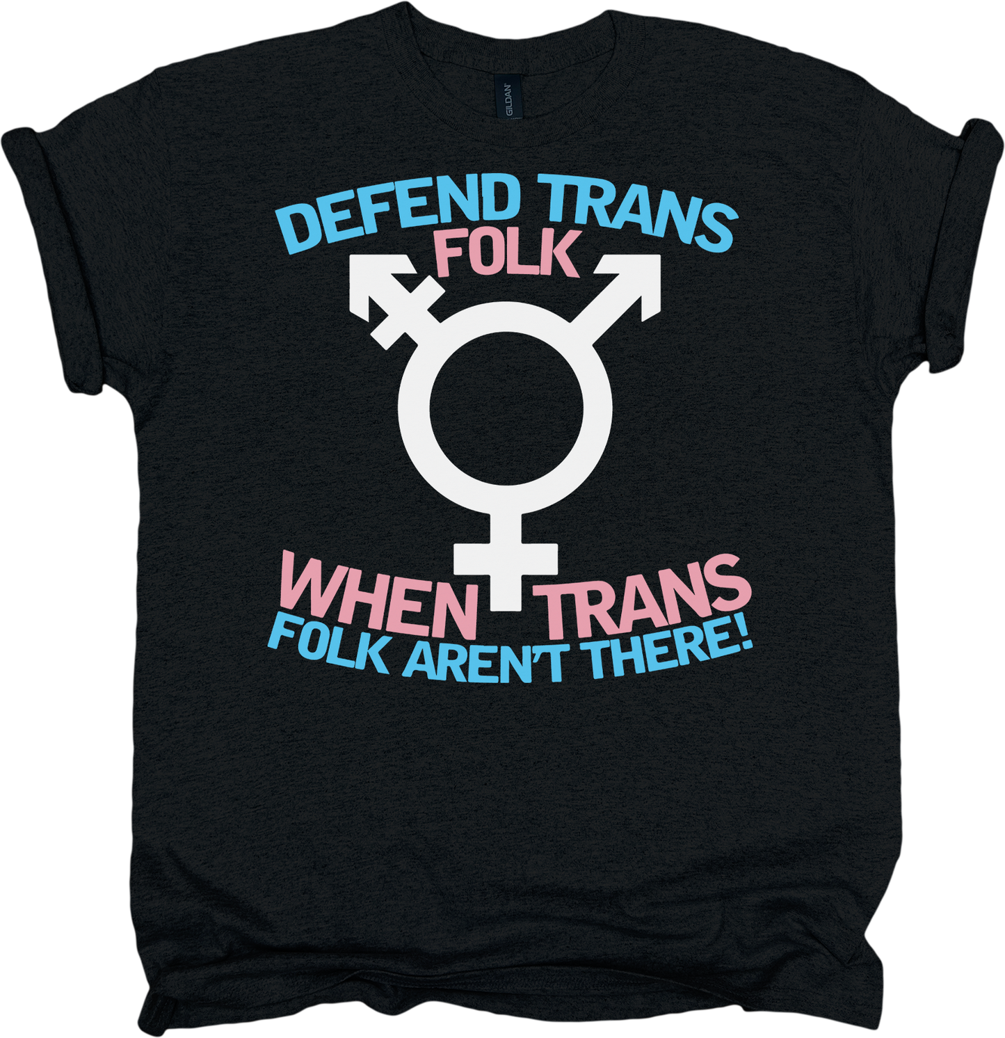 Black t-shirt with a transgender symbol and text 