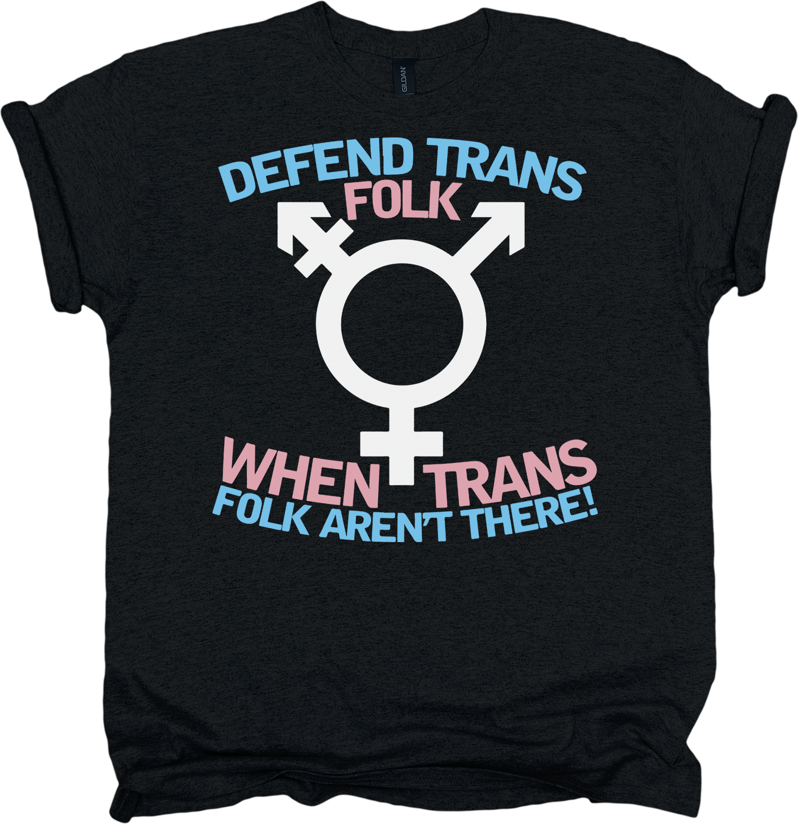 Black t-shirt with a transgender symbol and text 
