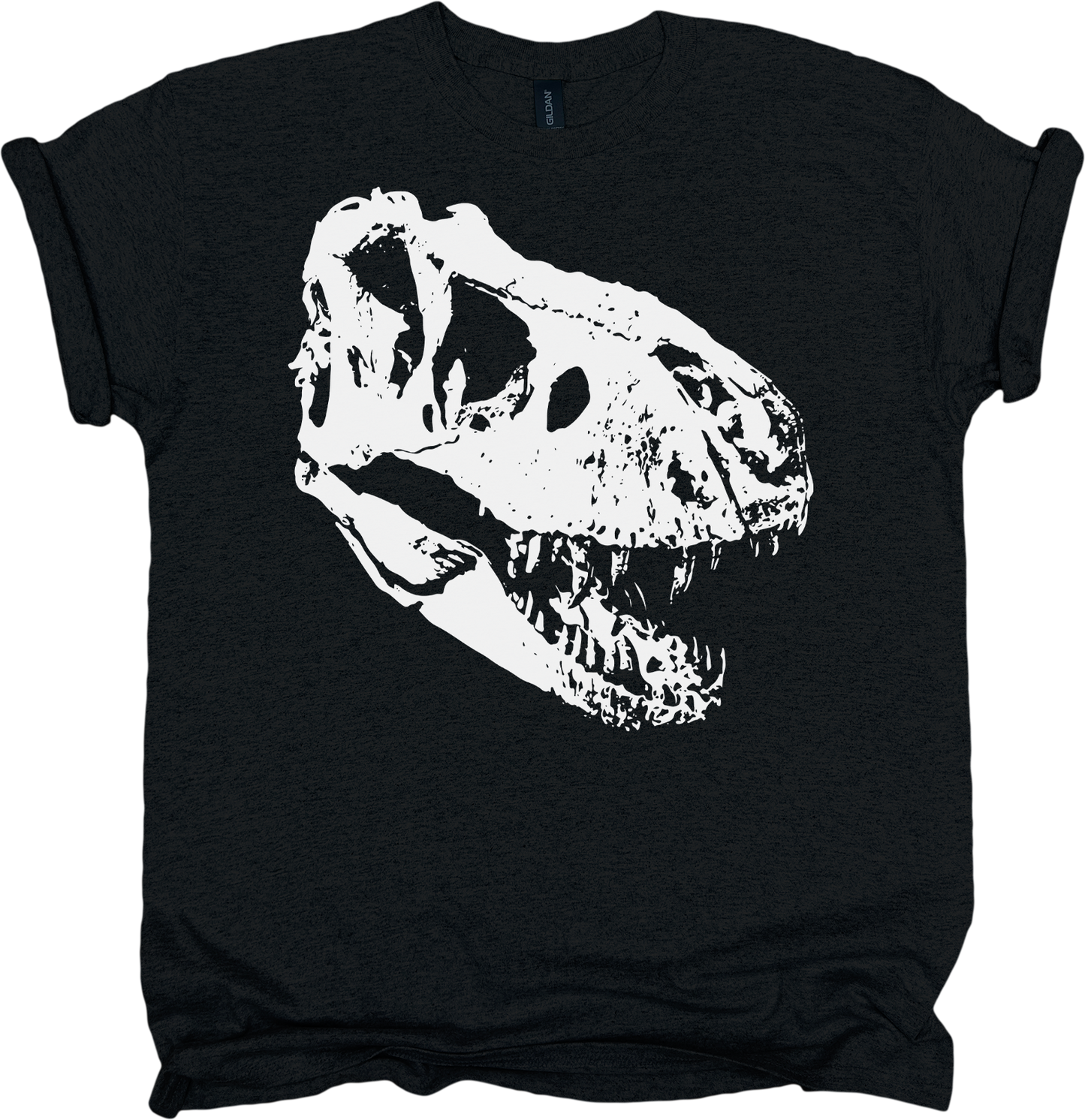 Black t-shirt with a white dinosaur skull design 
