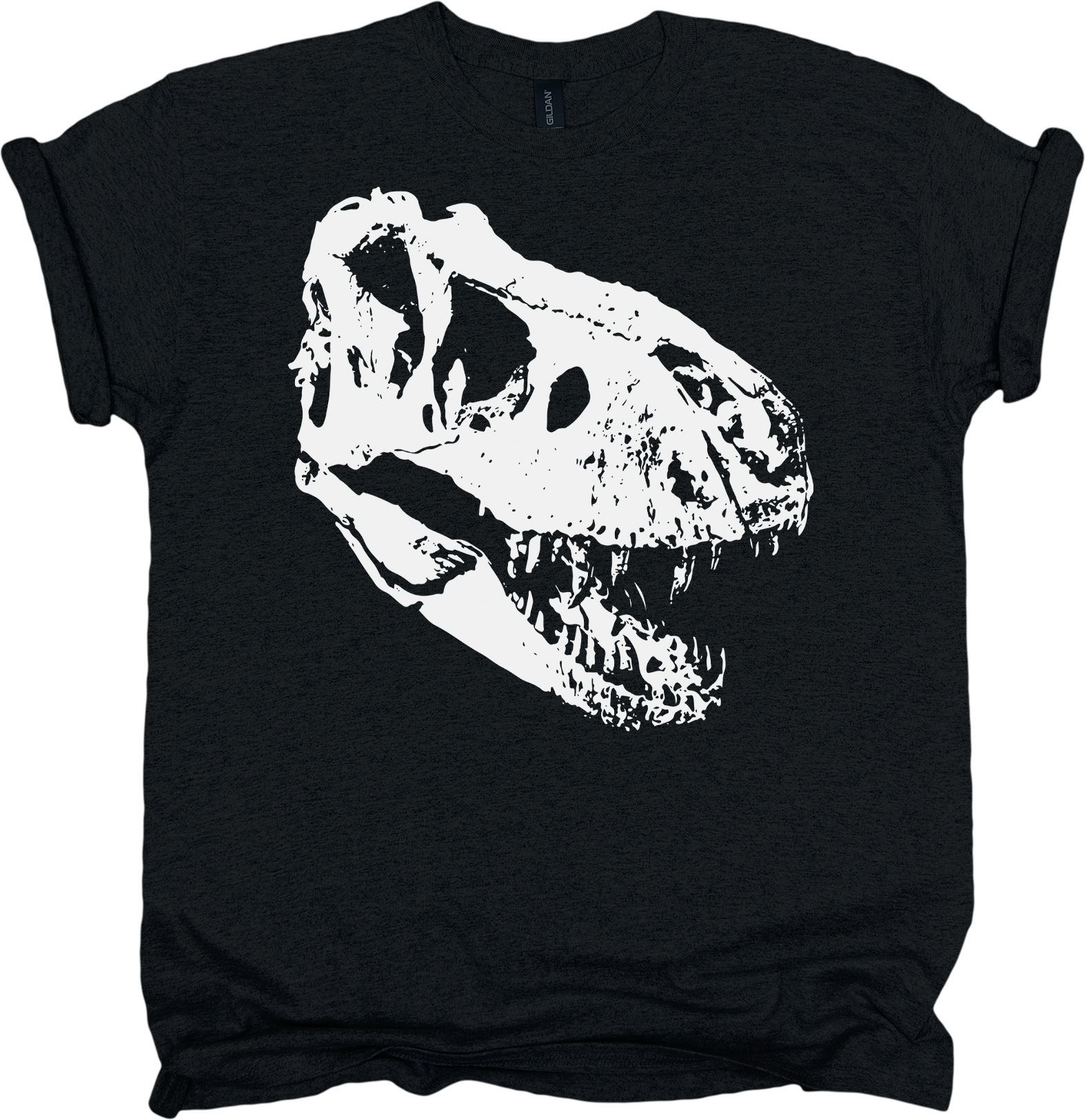 Black t-shirt with a white dinosaur skull design 