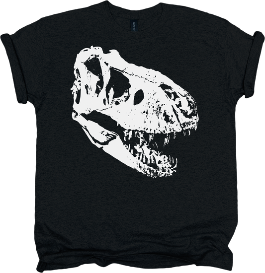Black t-shirt with a white dinosaur skull design 