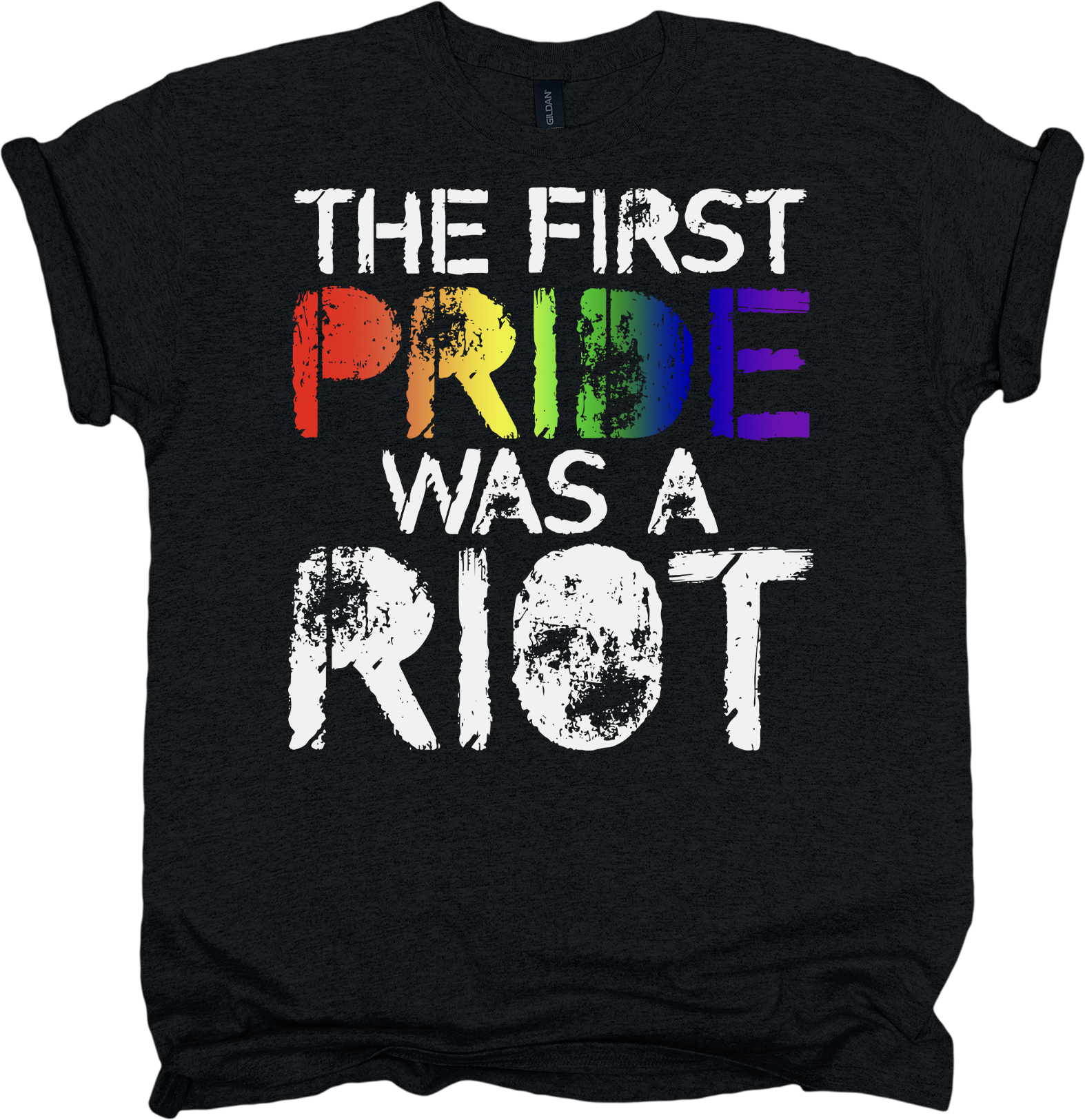 Black t-shirt with rainbow-colored 'PRIDE' and white text.