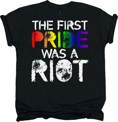 Black t-shirt with rainbow-colored 'PRIDE' and white text.