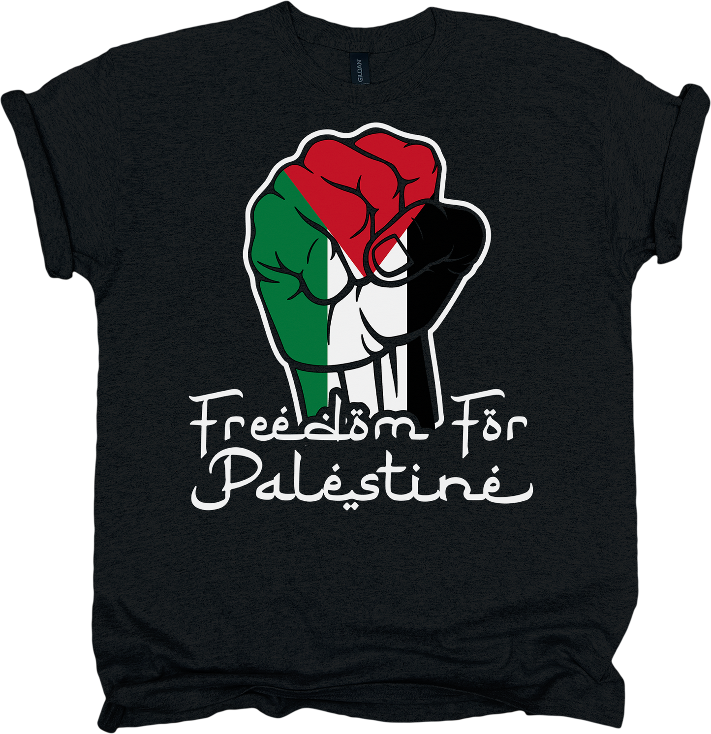 Black t-shirt with a fist in the Palestinian flag colours and 'Freedom For Palestine' text.