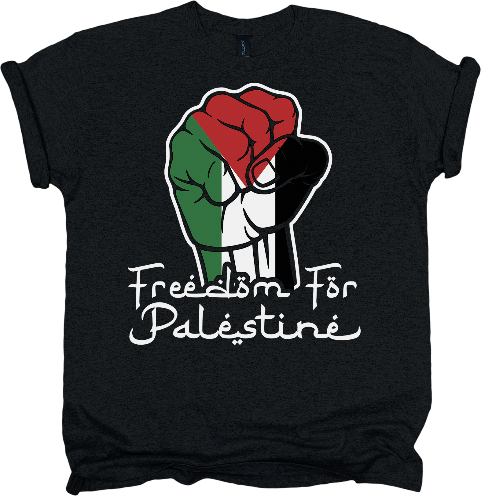 Black t-shirt with a fist in the Palestinian flag colours and 'Freedom For Palestine' text.